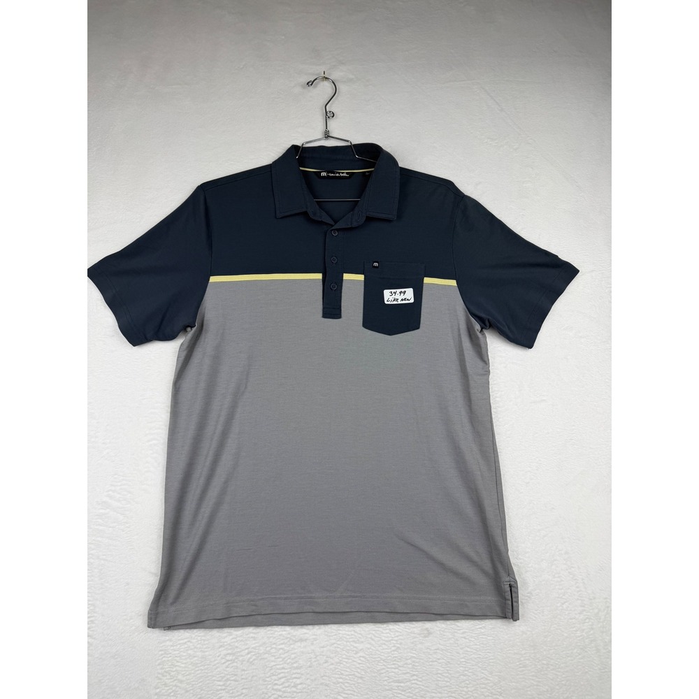 TravisMathew Mens Colorblock Polo Shirt Navy Grey Yellow Stripe Size Large